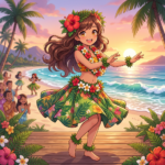 Young woman dancing hula on beach stage with sunset and ocean in background