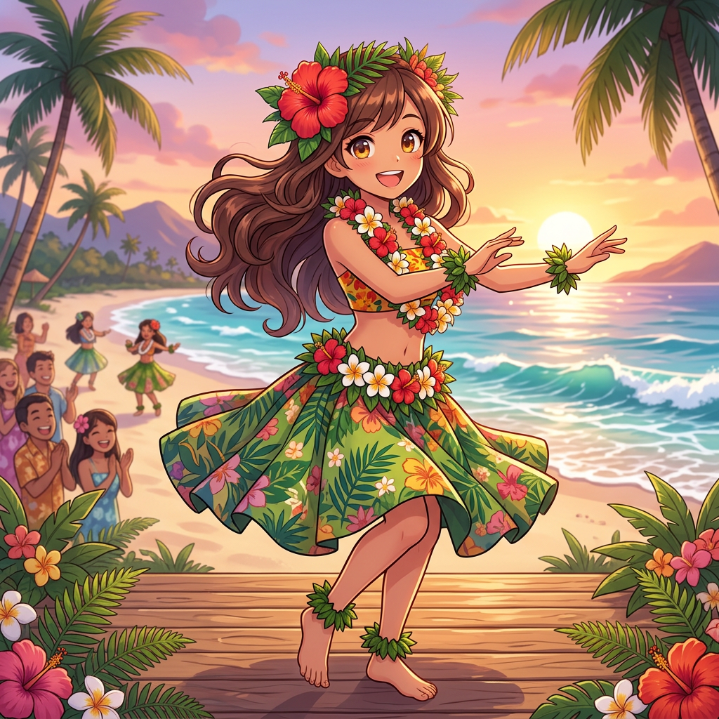 Young woman dancing hula on beach stage with sunset and ocean in background