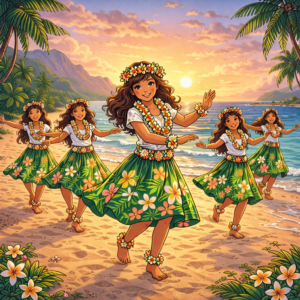 Multiple hula girls on beach