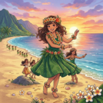 Girl performing hula dance on green hillside overlooking ocean at sunset